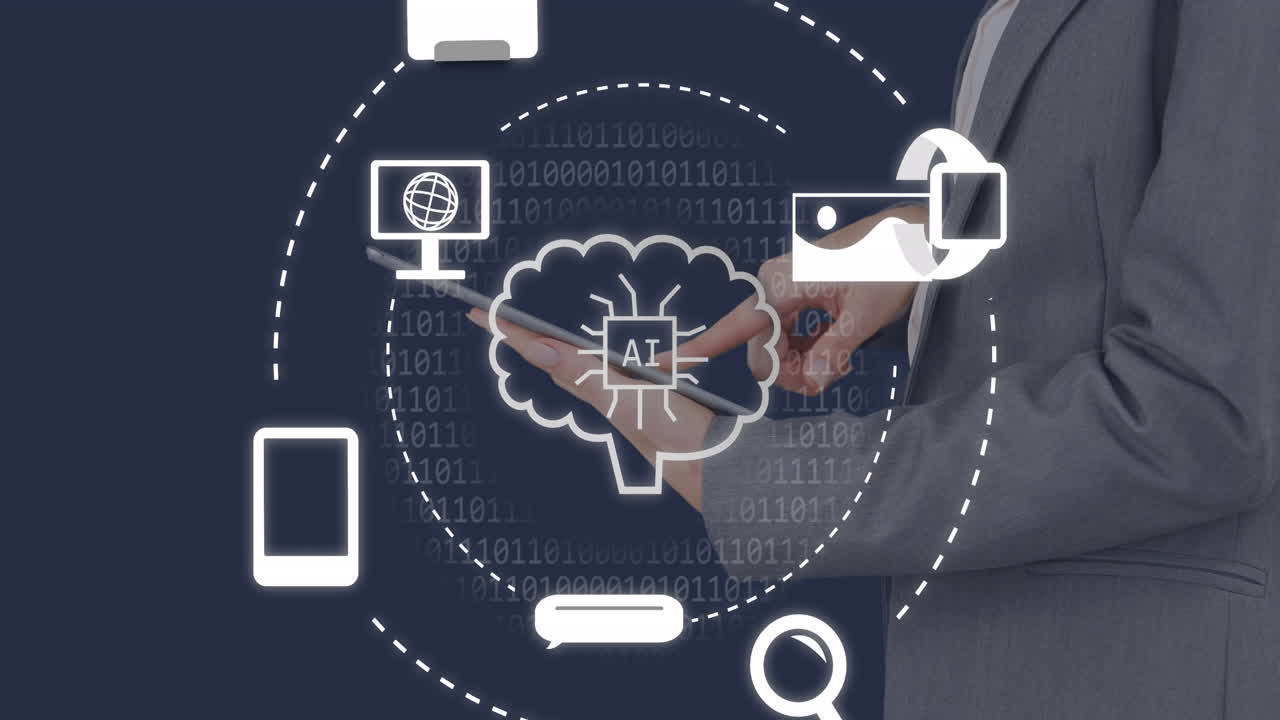 태블릿을 사용하는 백인 사업가 여성에 대한 ai 데이터 처리 및 아이콘의 애니메이션