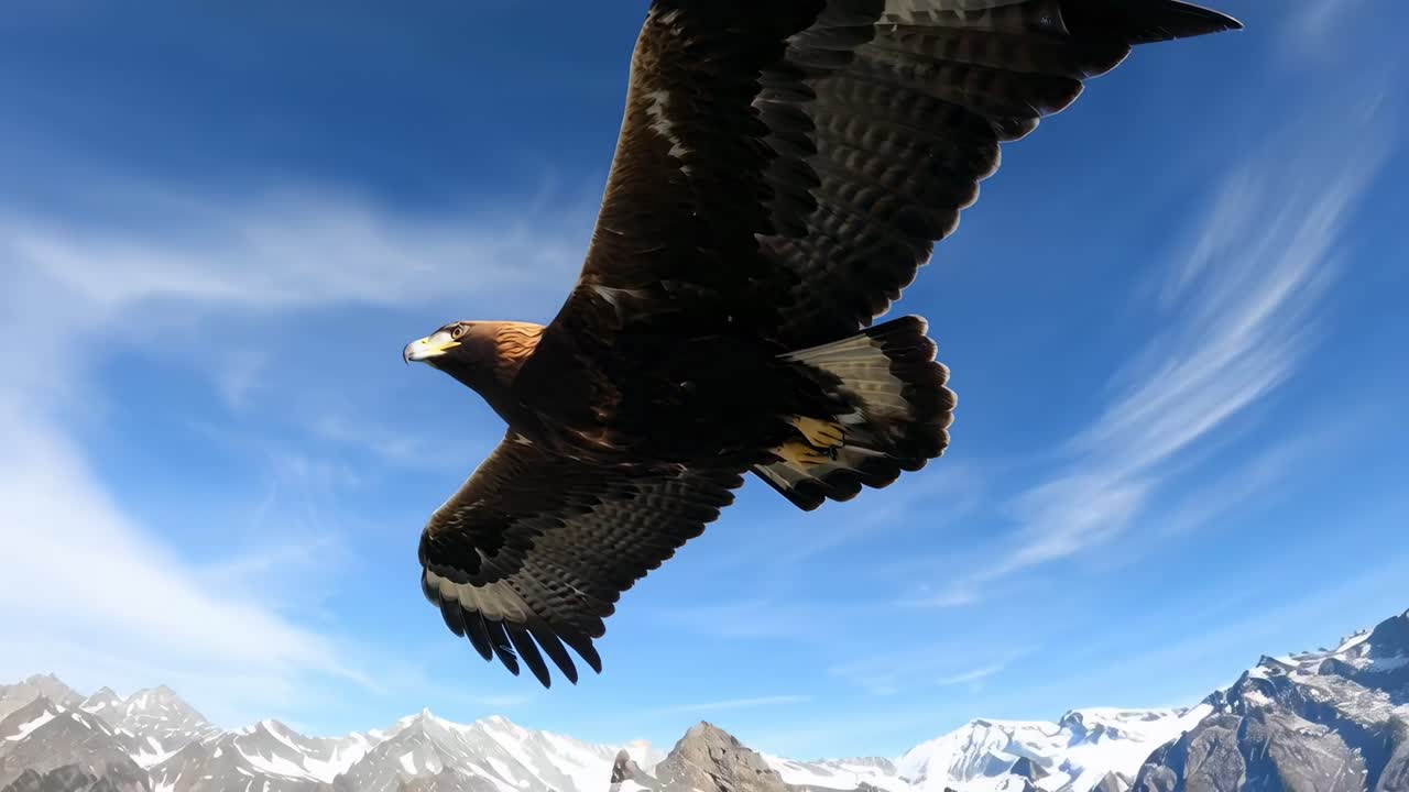 Ripresa video aerea di un'aquila che plana su montagne innevate, catturata da una bassa angolazione.