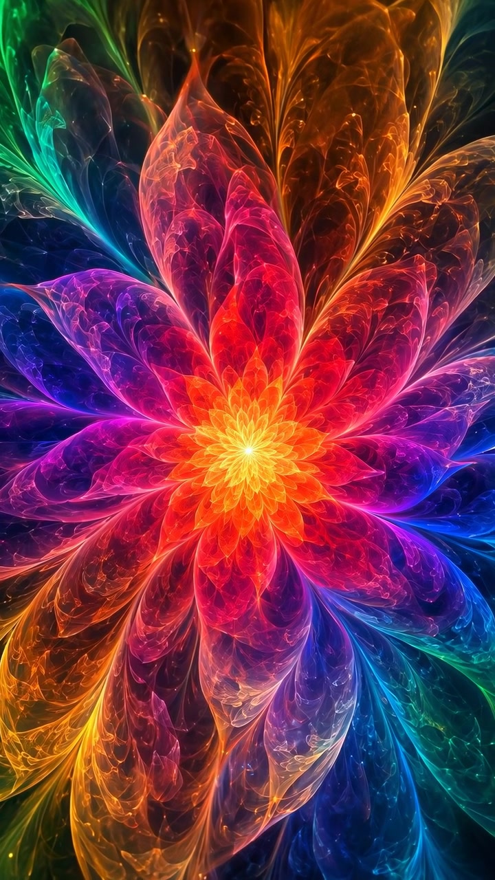 Petali traslucidi stratificati cambiano lentamente dal blu freddo e viola all'arancione caldo, rosso, verde e rosa, mentre un bagliore centrale si intensifica all'interno di una composizione simmetrica dettagliata.