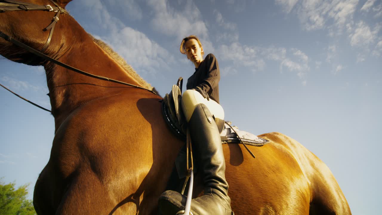 Woman horseback riding under a sunny sky