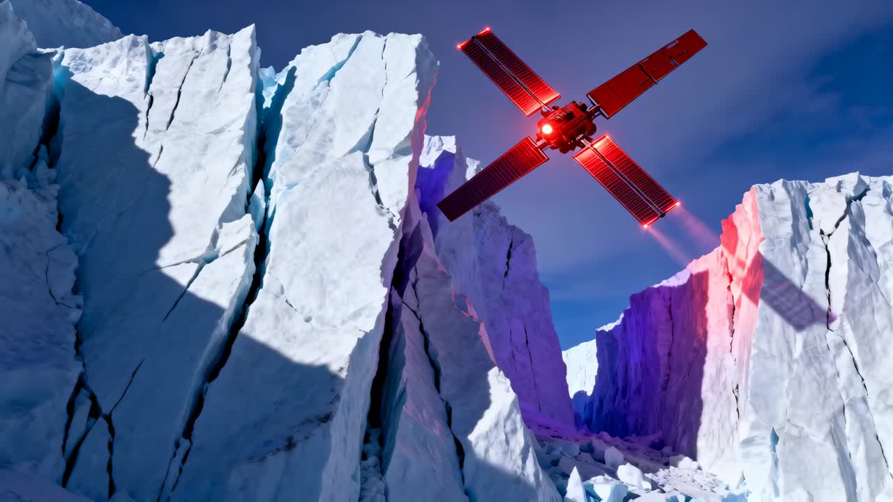 Drone X-wing volante che emerge in alto a destra, entra nello stretto canyon di ghiaccio per superare lo spazio, emettendo una luce rossa