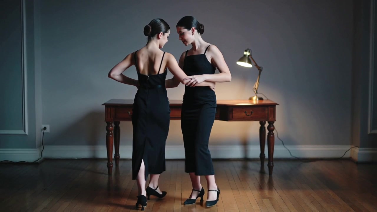 Due donne in abiti neri, vicine, che si esercitano nei passi in uno studio casalingo con lampada da scrivania.