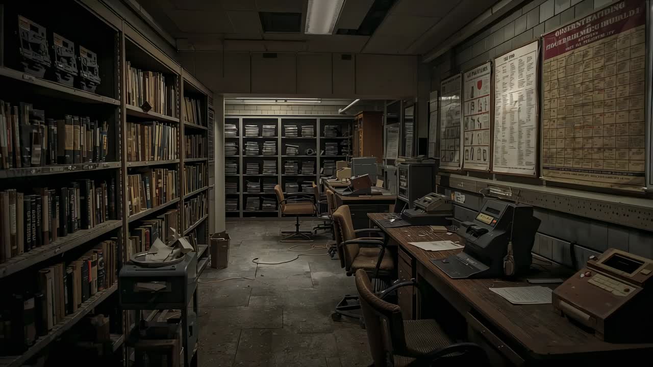 Recording camera adjusting exposure after subtle change, stabilizing in archives, revealing shelves