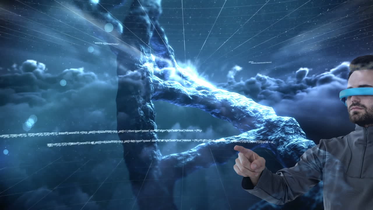 animación de la hebra de adn girando, hombre con auriculares vr contra el cielo con nubes