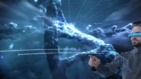 animation of dna strand spinning, man wearing vr headset against sky with clouds