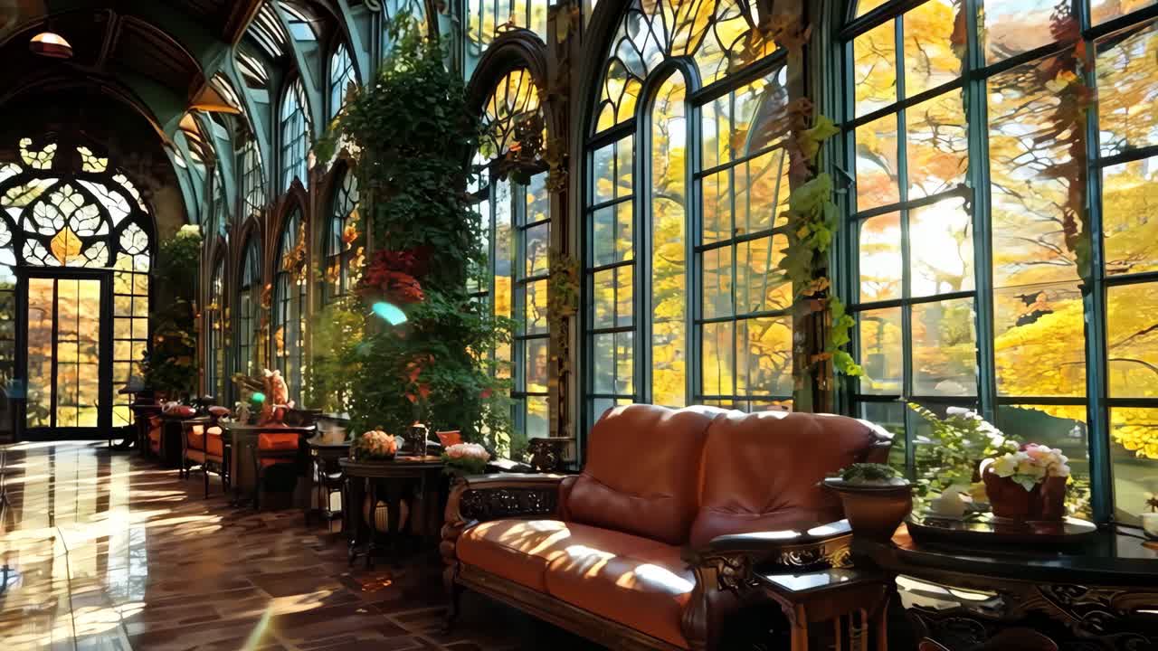 창문과 가구가 많은 긴 복도