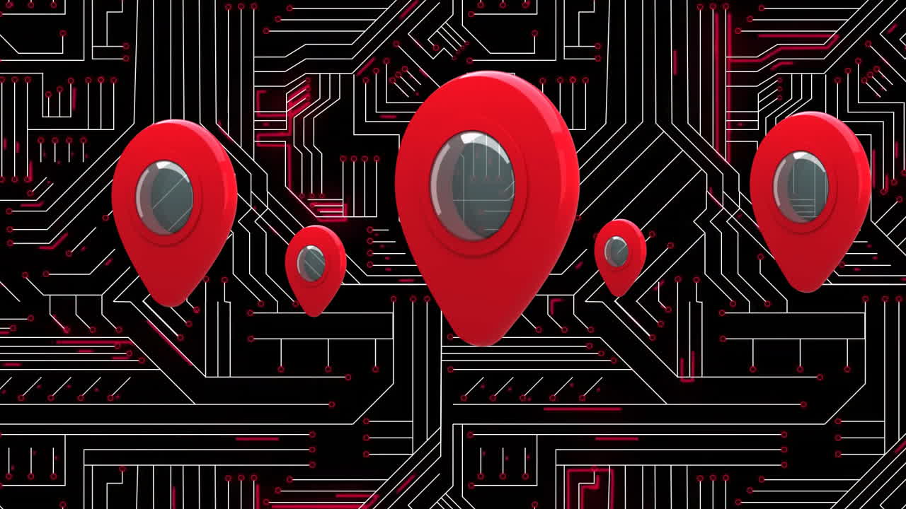 Animation of red location pins floating over black circuit board background