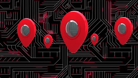 Animation of red location pins floating over black circuit board background