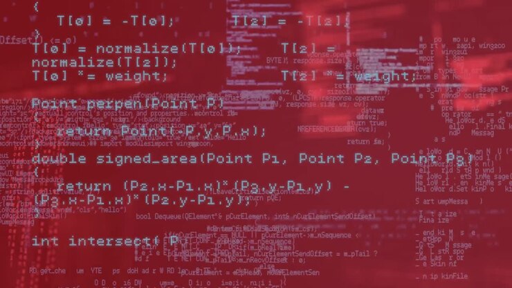 Animazione di elaborazione dati digitali su sfondo rosso