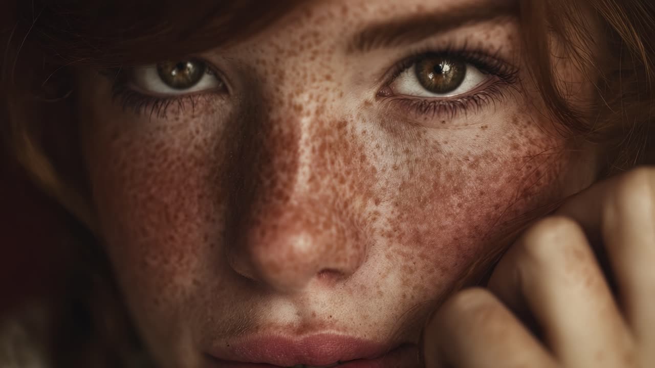 A Close-Up Portrait Capturing the Intense Gaze and Natural Beauty of Freckled Skin, Highlighting Emotion and Subtlety in the Subject's Expression and Features