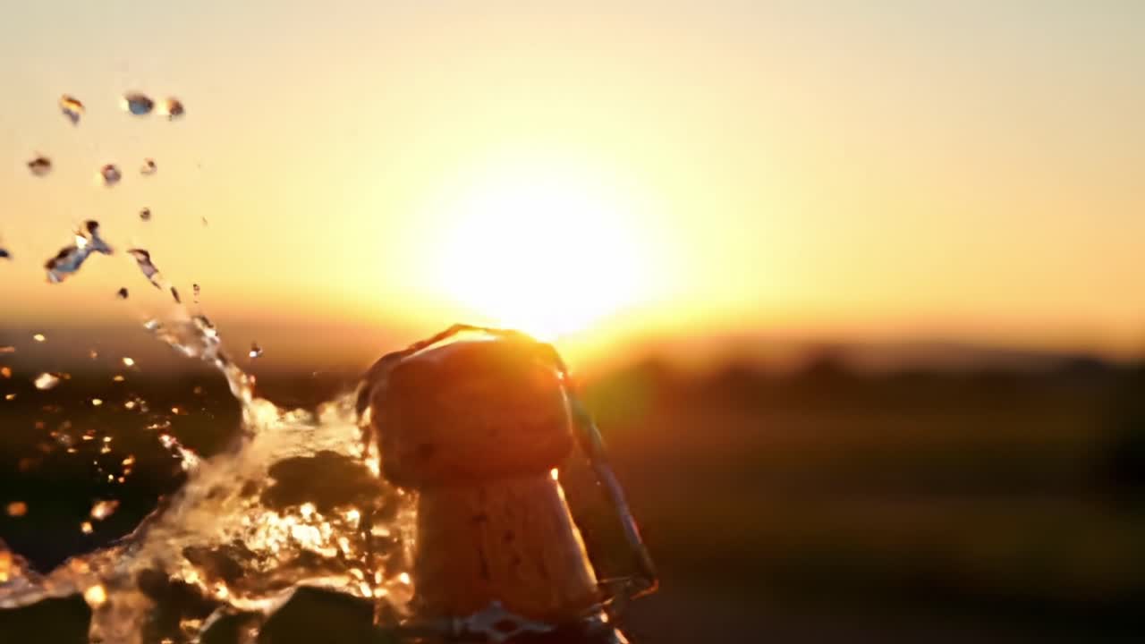 Celebrating Moments: A Champagne Cork Erupts Amidst a Beautiful Sunset, Splashing Water and Creating a Joyful Atmosphere
