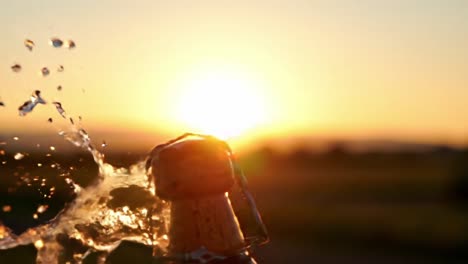 celebrating moments: a champagne cork erupts amidst a beautiful sunset, splashing water and creating a joyful atmosphere