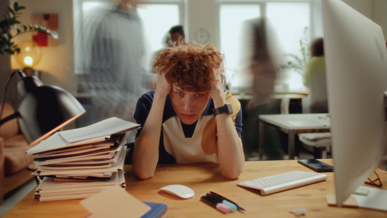 Time Lapse Portrait of Young Man Overloaded with Paperwork in Office