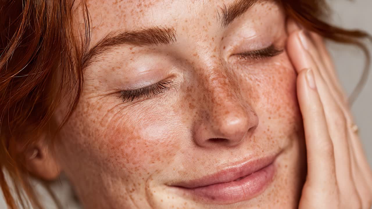 Un ritratto ravvicinato che mostra pelle luminosa e lentiggini, catturando l'essenza della bellezza naturale con un'espressione serena e un sorriso delicato.