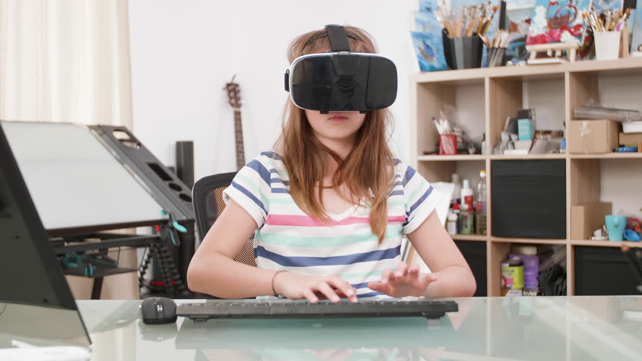 Girl wearing VR headset playing a virtual reality game