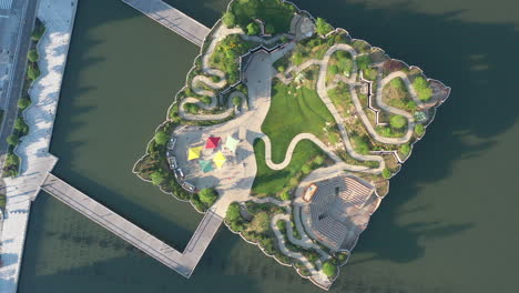 a top down shot directly above the park called little island in nyc on a sunny day