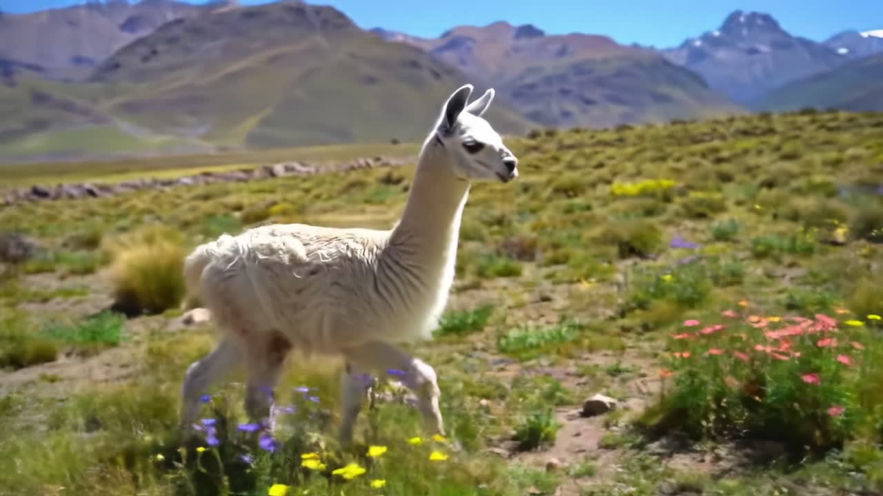 A Graceful Llama Roaming Through Vibrant Fields Surrounded by Majestic Mountains, Capturing Nature's Beauty and Tranquility in Stunning Scenes