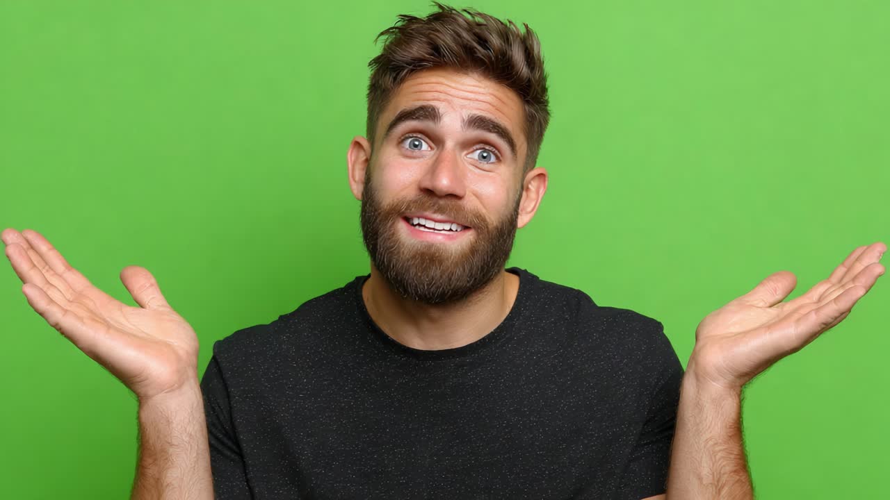 A Young Man with a Stylish Beard Poses Against a Green Background, Expressing Confusion and Uncertainty with Hands Raised in a Playful Gesture