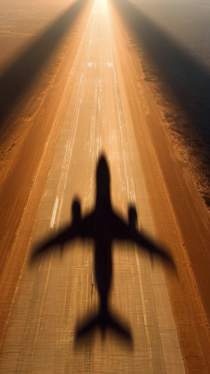 Silueta de un avión proyectando una larga sombra sobre una pista iluminada por el sol durante la hora dorada, capturando la belleza de la aviación en vuelo.
