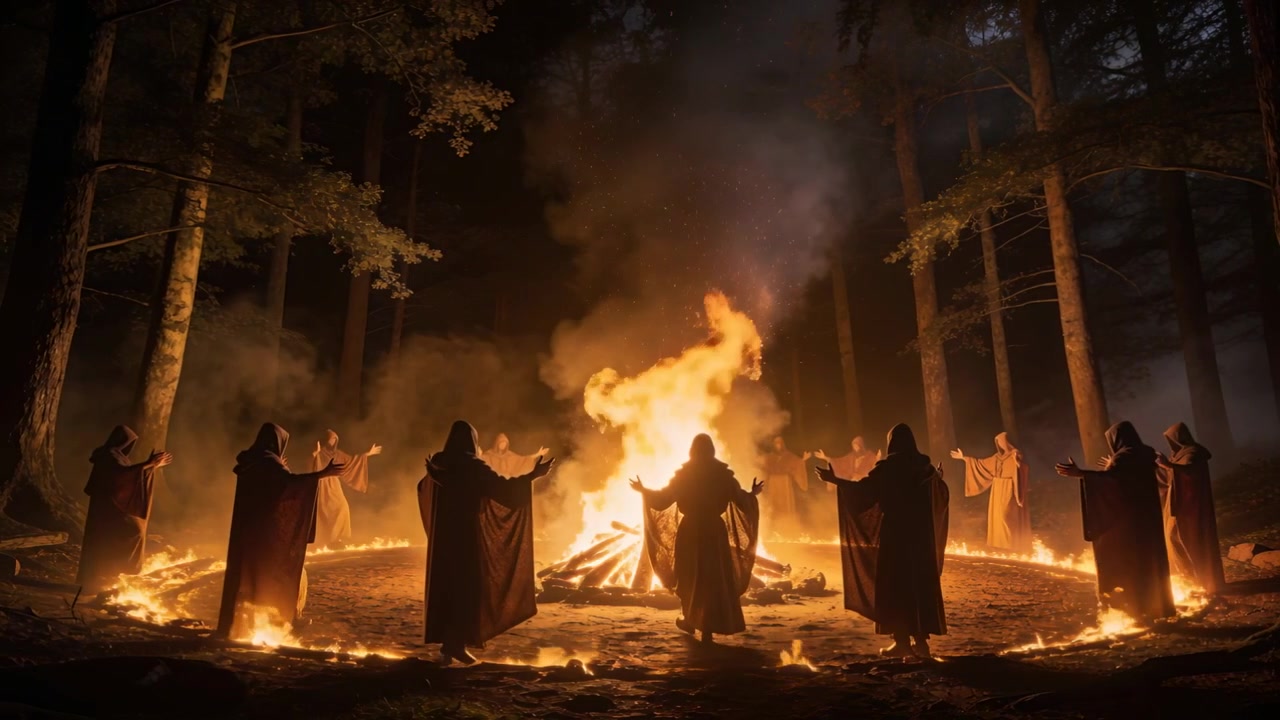 Eine singende, in Roben gekleidete Gruppe tritt näher, während ein zentrales Lagerfeuer auf einer Waldlichtung aufsteigt und ein Ritual durchgeführt wird.