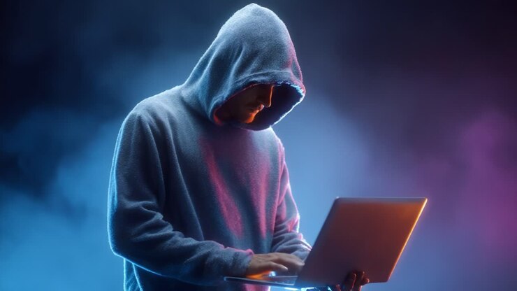 Una figura misteriosa con una felpa con cappuccio che digita su un laptop, circondata da fumo colorato, rappresenta gli intrighi della sicurezza informatica e dell'anonimato digitale