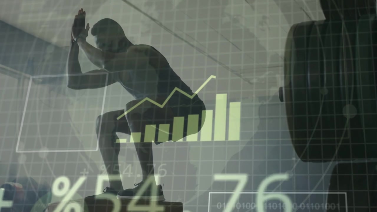 Uomo che sale su un box pliometrico, eseguendo squat mentre i dati HUD del fitness raccolgono metriche di performance.