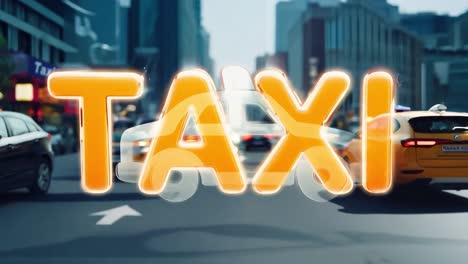 animated taxi sign appears on a bustling city street, surrounded by blurry cars and vibrant urban traffic