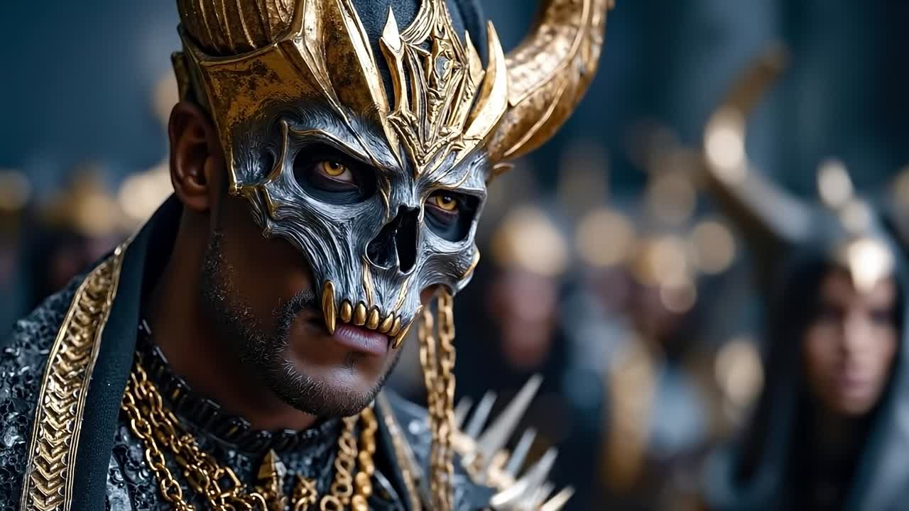 A man wearing a gold and silver mask with horns on his head