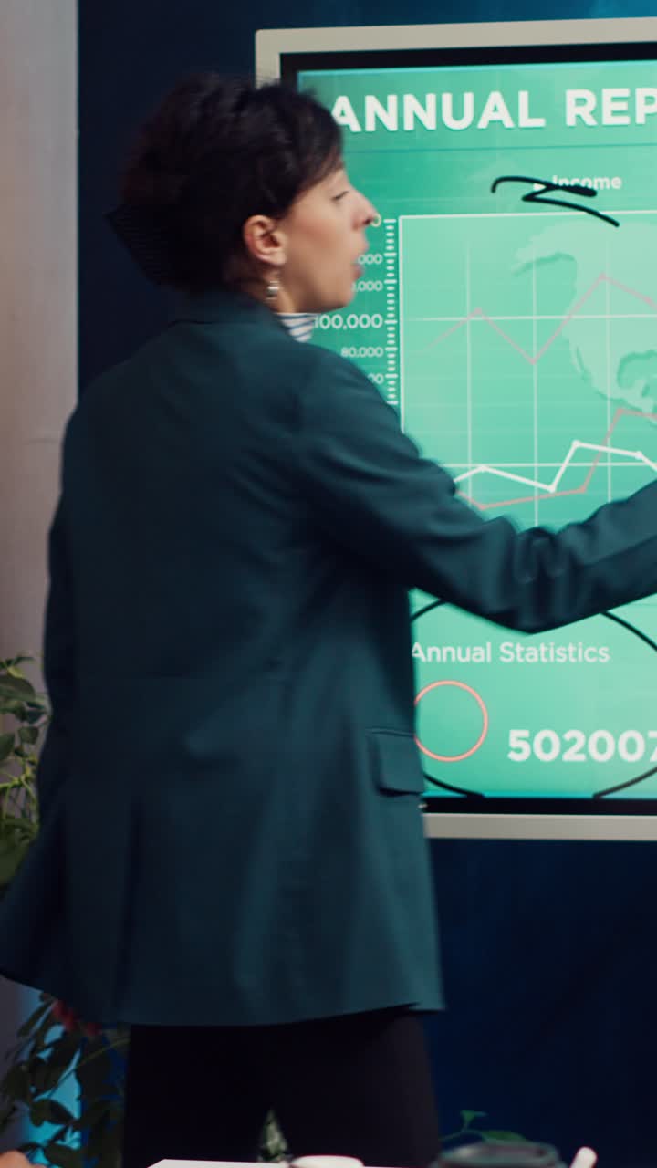 Businesswoman Presenting Annual Report with Graphs on Large Screen