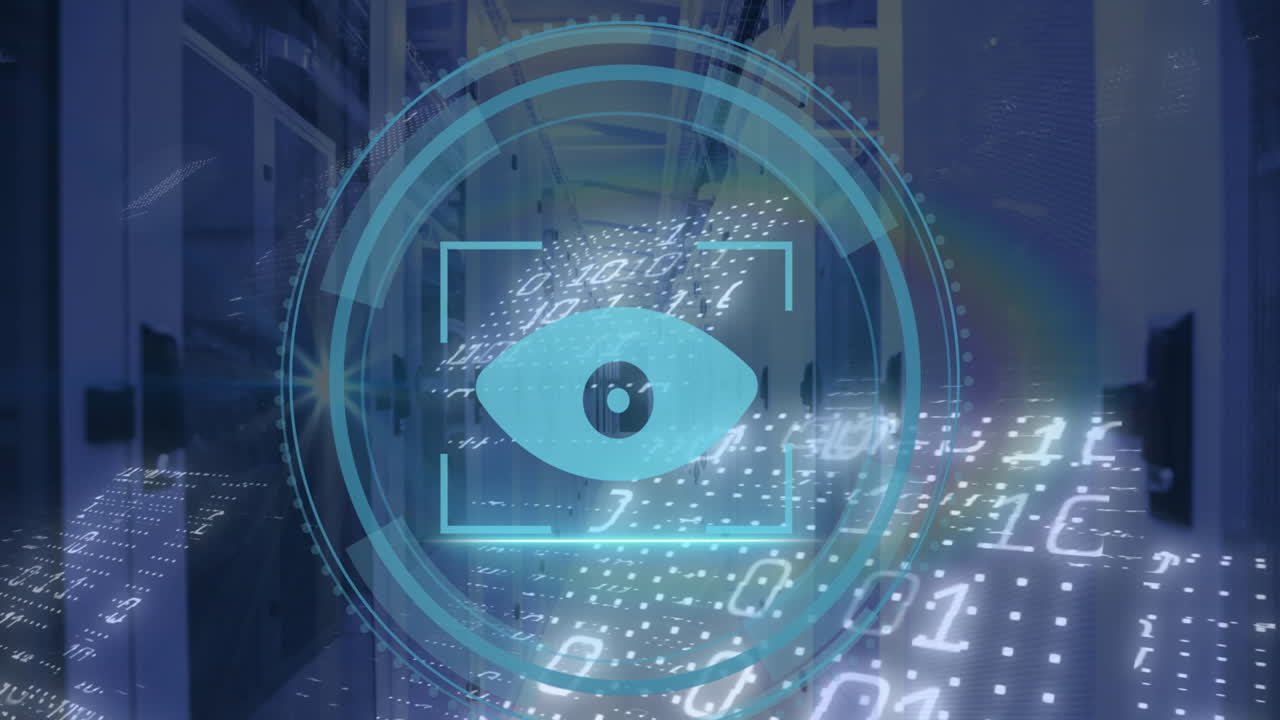 눈 아이콘의 애니메이션, 이진 코딩 및 컴퓨터 서버를 통해 데이터 처리