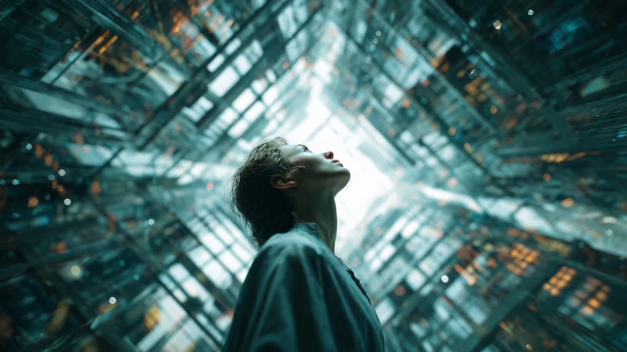 A figure gazes upward in a mesmerizing, futuristic environment filled with intricate glass structures and beams of light, reflecting a sense of wonder and contemplation in their expression