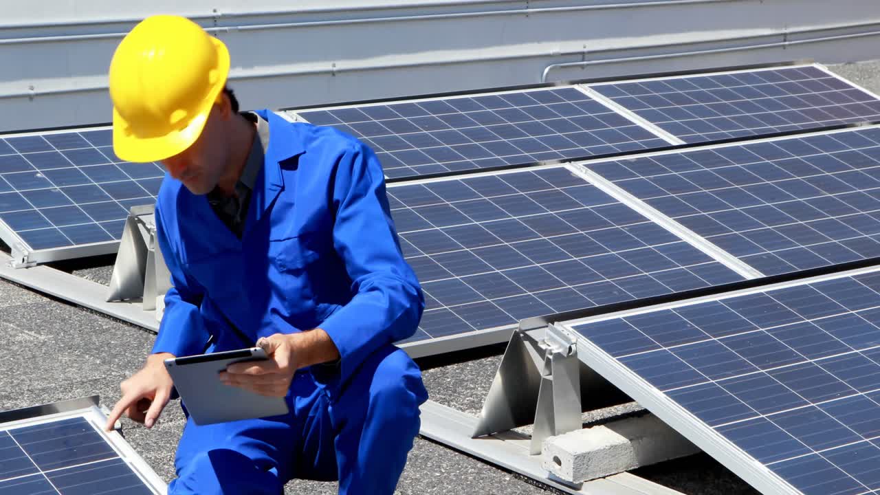 Male worker using digital tablet at solar station 4k