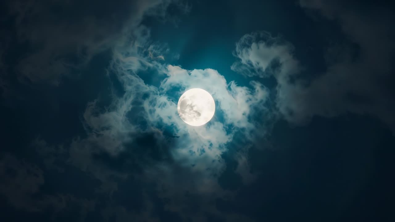 Starting with drifting clouds veiling, swirling then dimming full moon before clearing night sky