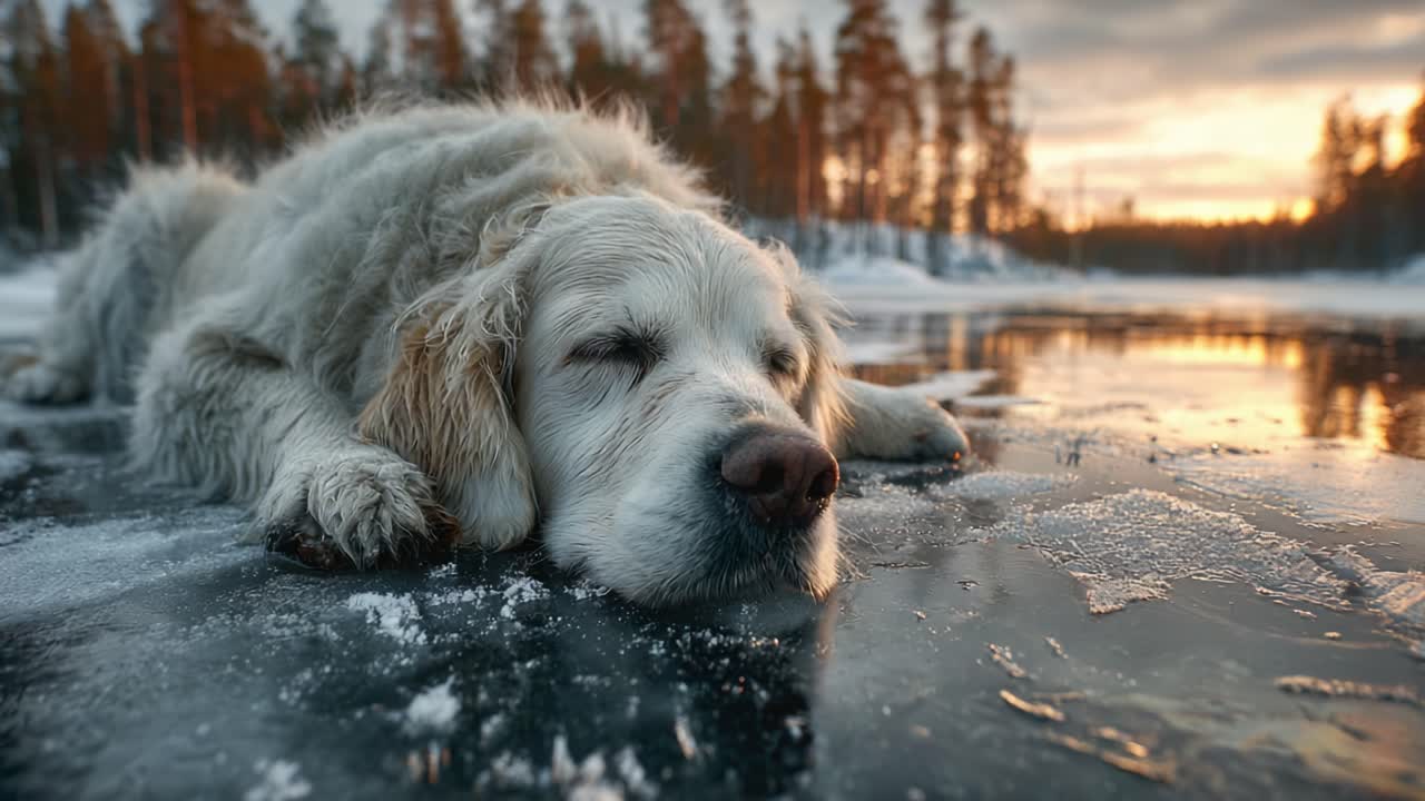 Huzurlu bir golden retriever, gün batımında pitoresk bir kış manzarasıyla çevrili, donmuş bir gölün üzerinde huzur içinde dinleniyor ve dinginliğin ve doğanın özünü yakalıyor