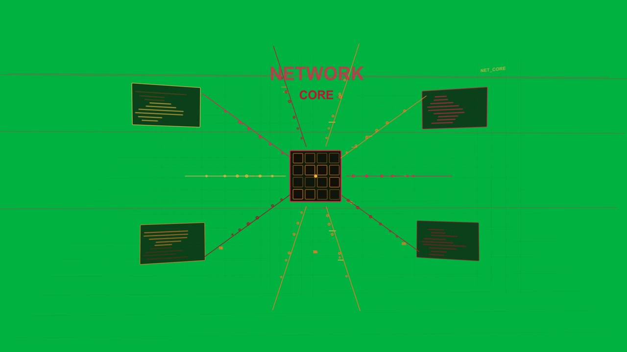 Dark frame revealing neon grid, 4x4 core expanding, nodes pulsing, visualizing flow, transparent