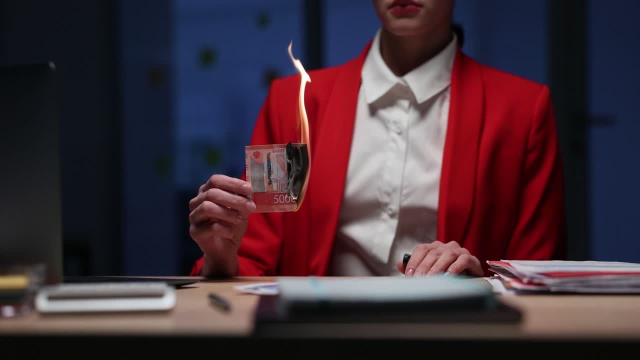 Businesswoman Burning Money in Office