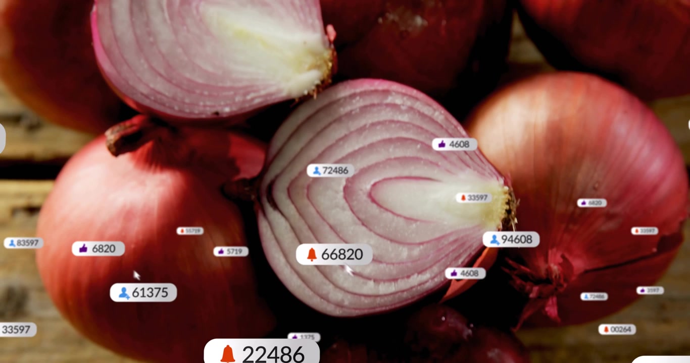 Avvio del flusso di dati, cipolle rosse che ricevono badge fluttuanti con icone e contatori che mostrano annunci alimentari