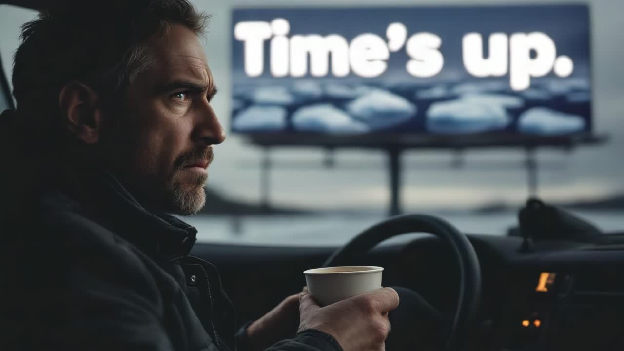 A man driving a car looking at a 'Time's up' billboard