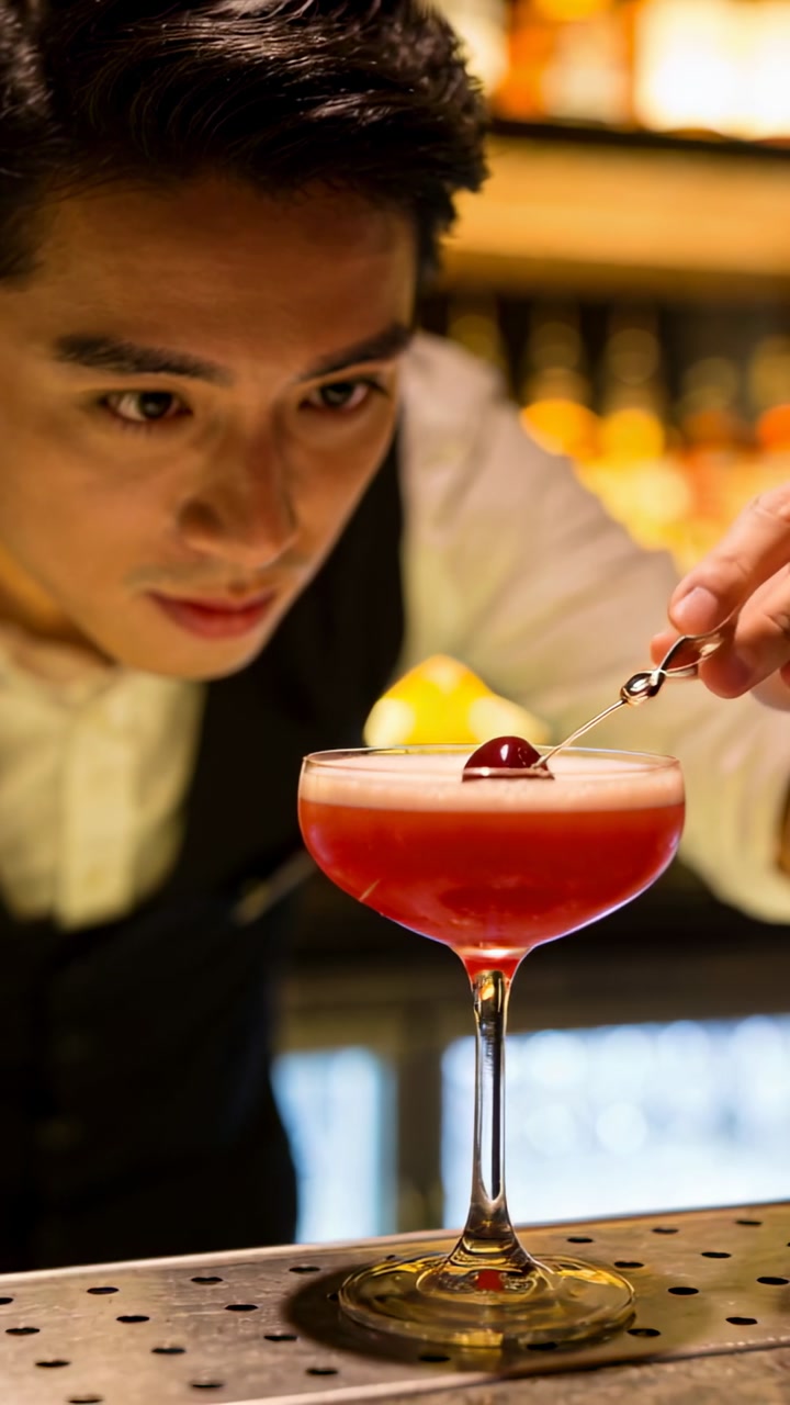 Professional Bartender Garnishing a Red Cocktail with a Cherry