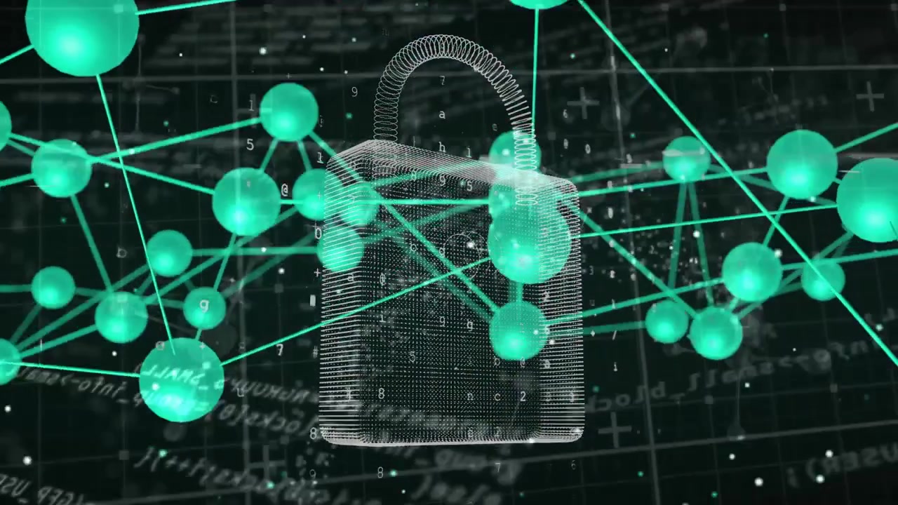Numeric code activating 3D padlock as green nodes orbiting, fragments bursting showing security