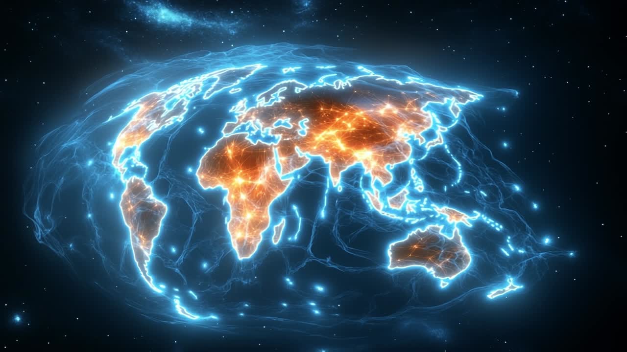 World map illuminated with connections. A glowing world map illustrates interactive connections, highlighting global networks across continents.