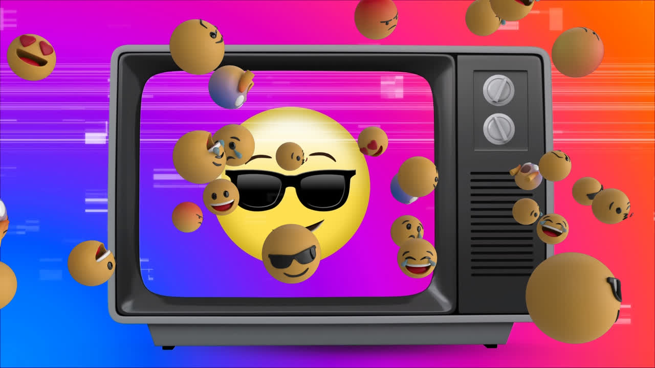 animación de emoticones sobre la televisión de época en un fondo colorido