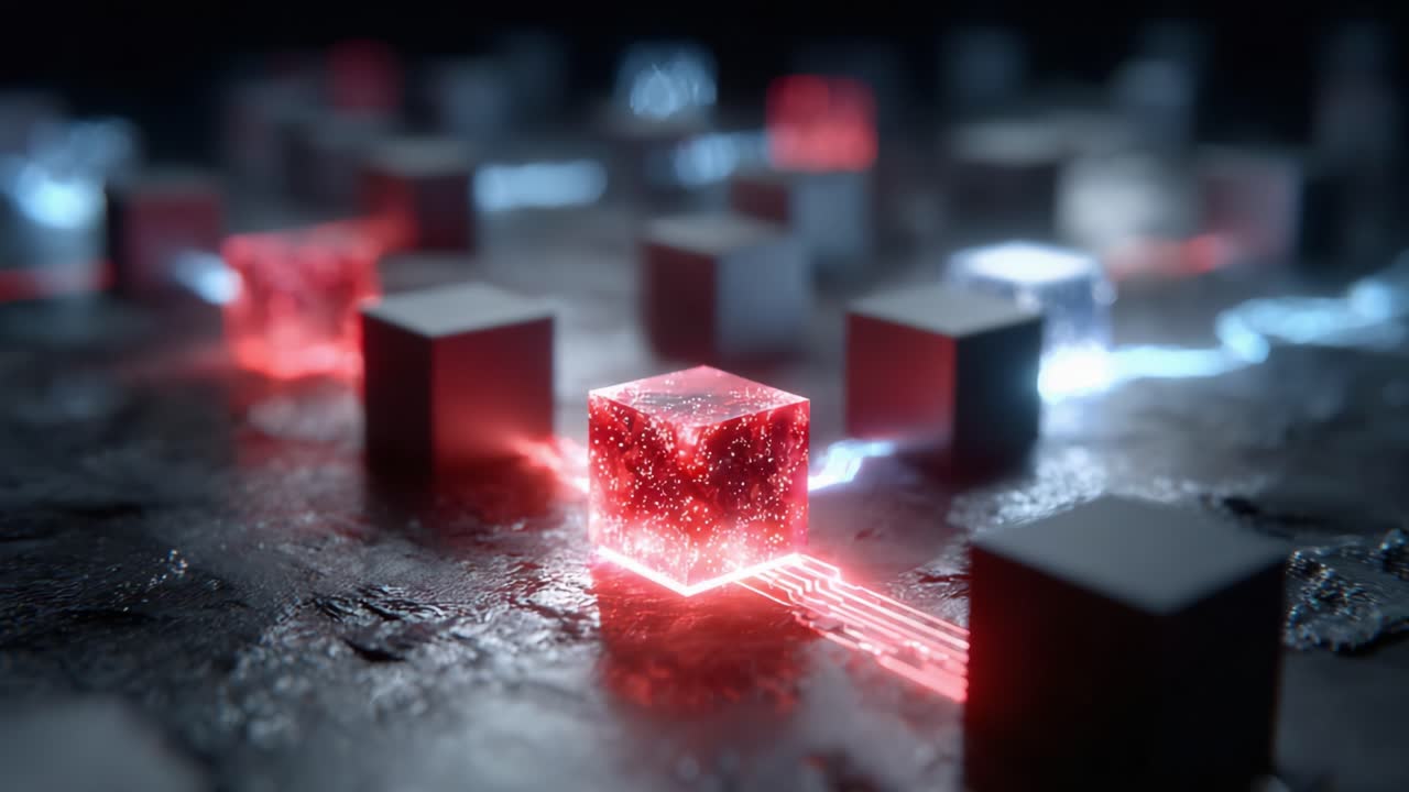 Abstract Digital Network Concept Featuring Glowing Cubes and Interconnected Pathways Illustrating Technology and Innovation in a Futuristic Environment