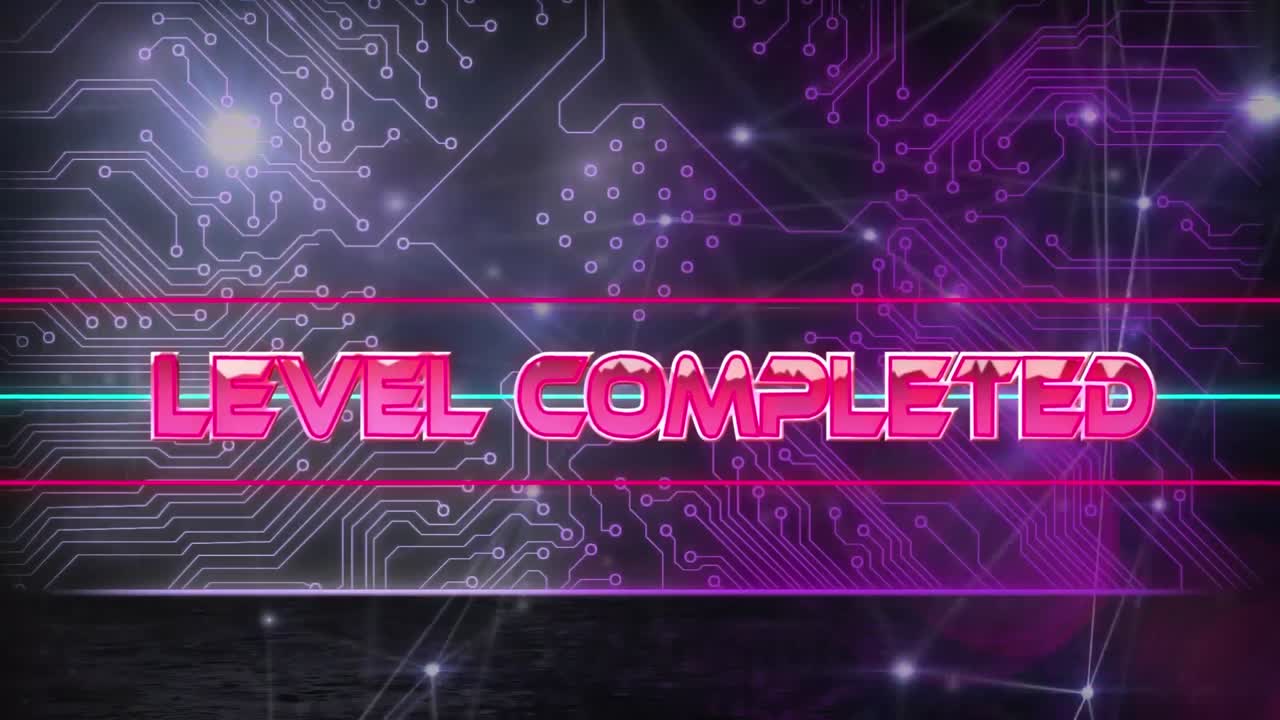 마이크로프로세서 연결에 대한 연결 네트워크를 통해 완성된 텍스트의 레벨 애니메이션.