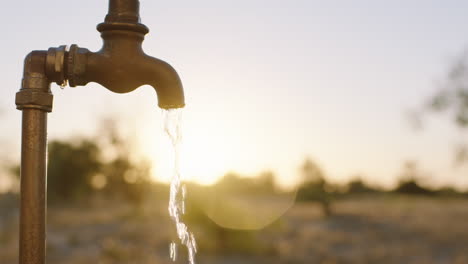 woman-washing-hand-under-tap-with-fresh-water-on-rural-farmland-at-sunrise