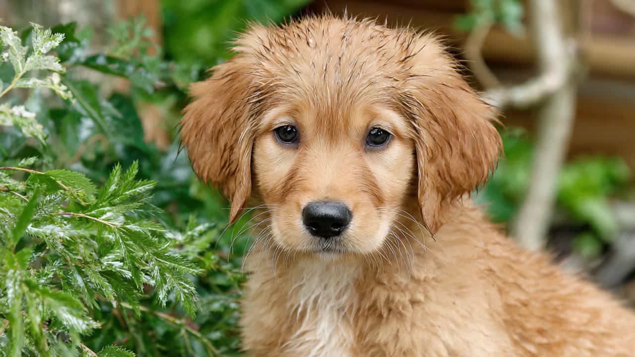 Adorabile cucciolo di Golden Retriever con il pelo bagnato, circondato da una vegetazione lussureggiante, catturato in scatti commoventi.