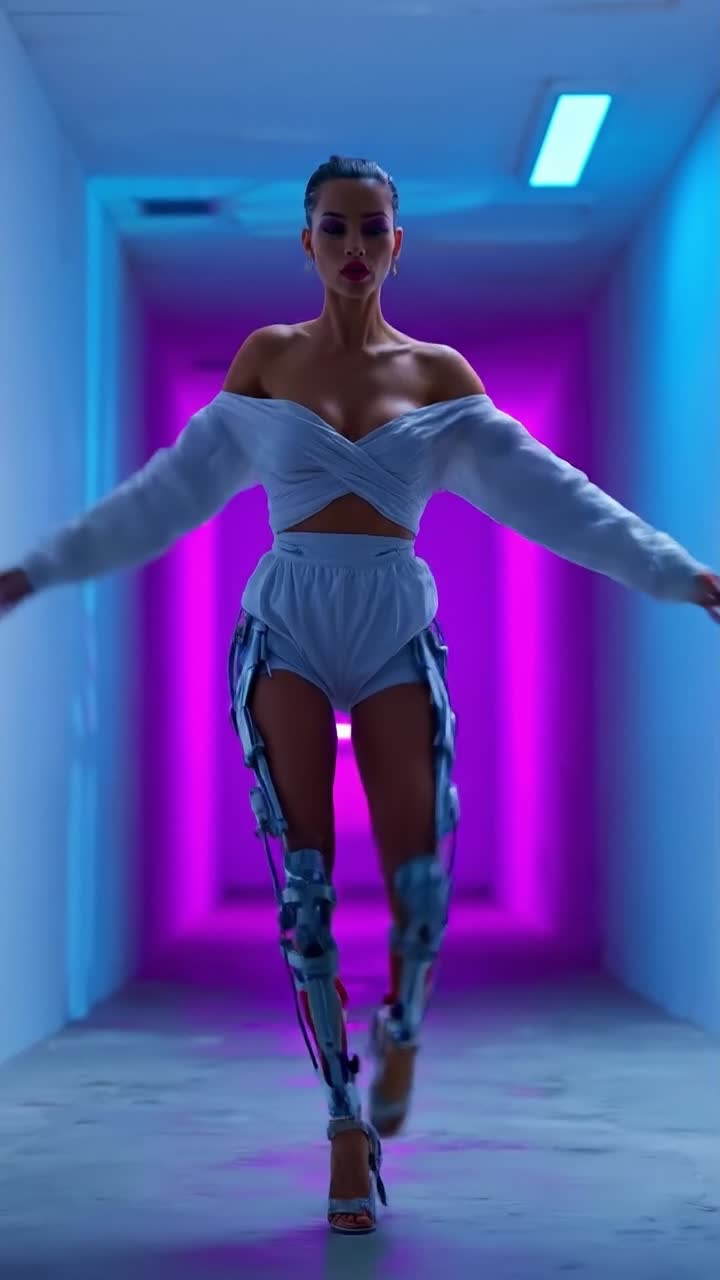 Futuristic cyborg model walking in neon purple portal