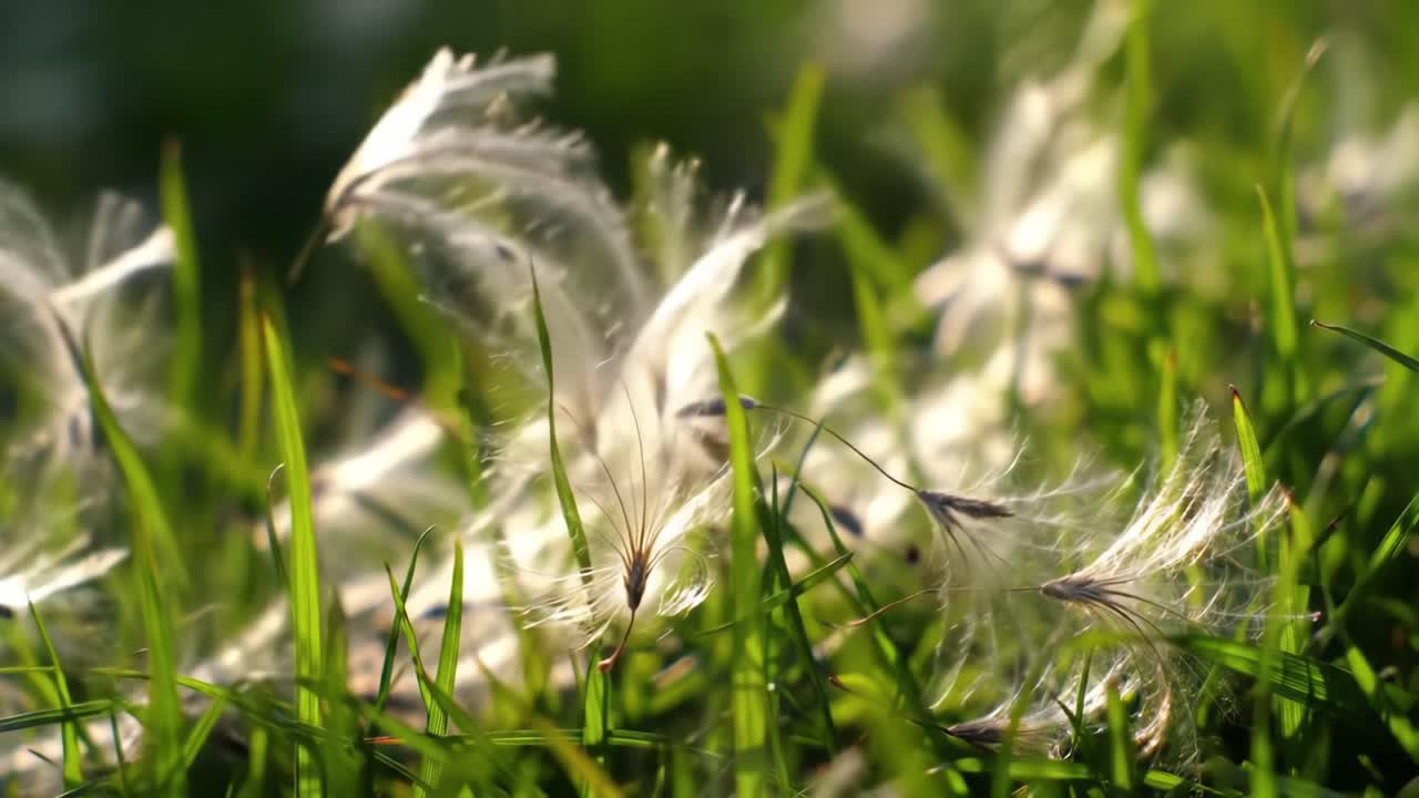 Delicate Feathers in Lush Green Grass Under Soft Natural Light, Capturing the Tranquility and Beauty of a Serene Outdoor Environment