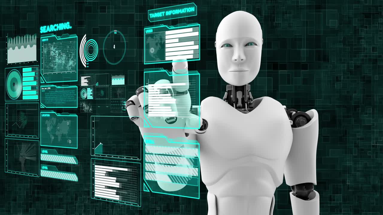 Futuristic robot, artificial intelligence CGI big data analytics and programming