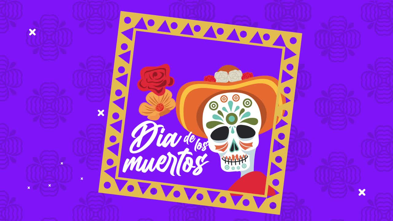 dia de los muertos celebration with skull wearing hat in square frame